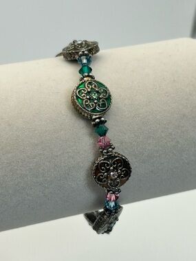 Floral Crystal Beaded Bracelet Enamel Colorful Circles Silver
